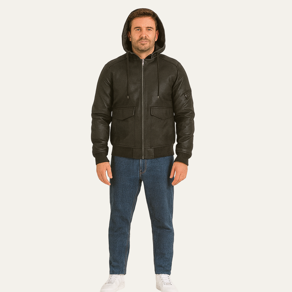 Men’s Hooded Faux Leather Bomber Jacket