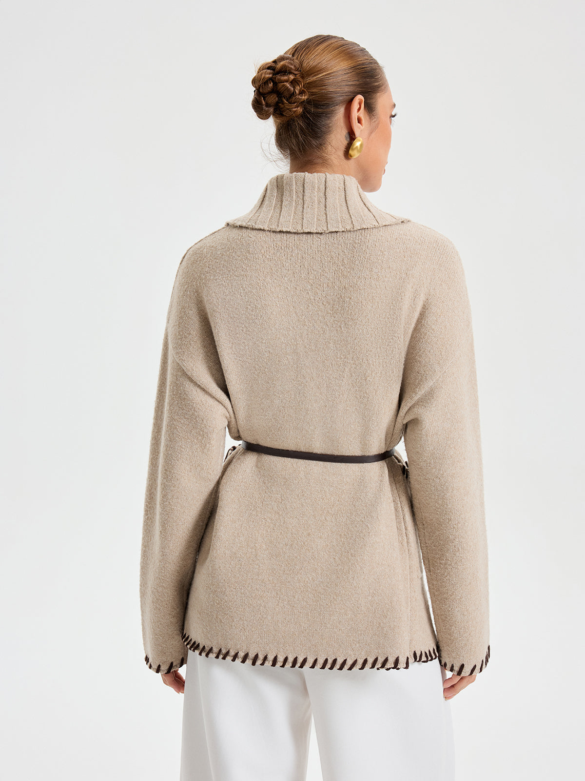 Quincy | Contrast Stitched Shawl Collar Belted Knit Outerwear