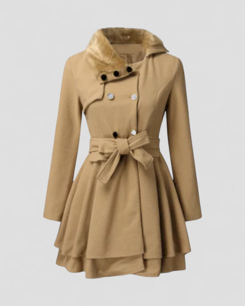 Double Breasted Belted Winter Coat With Fur Collar