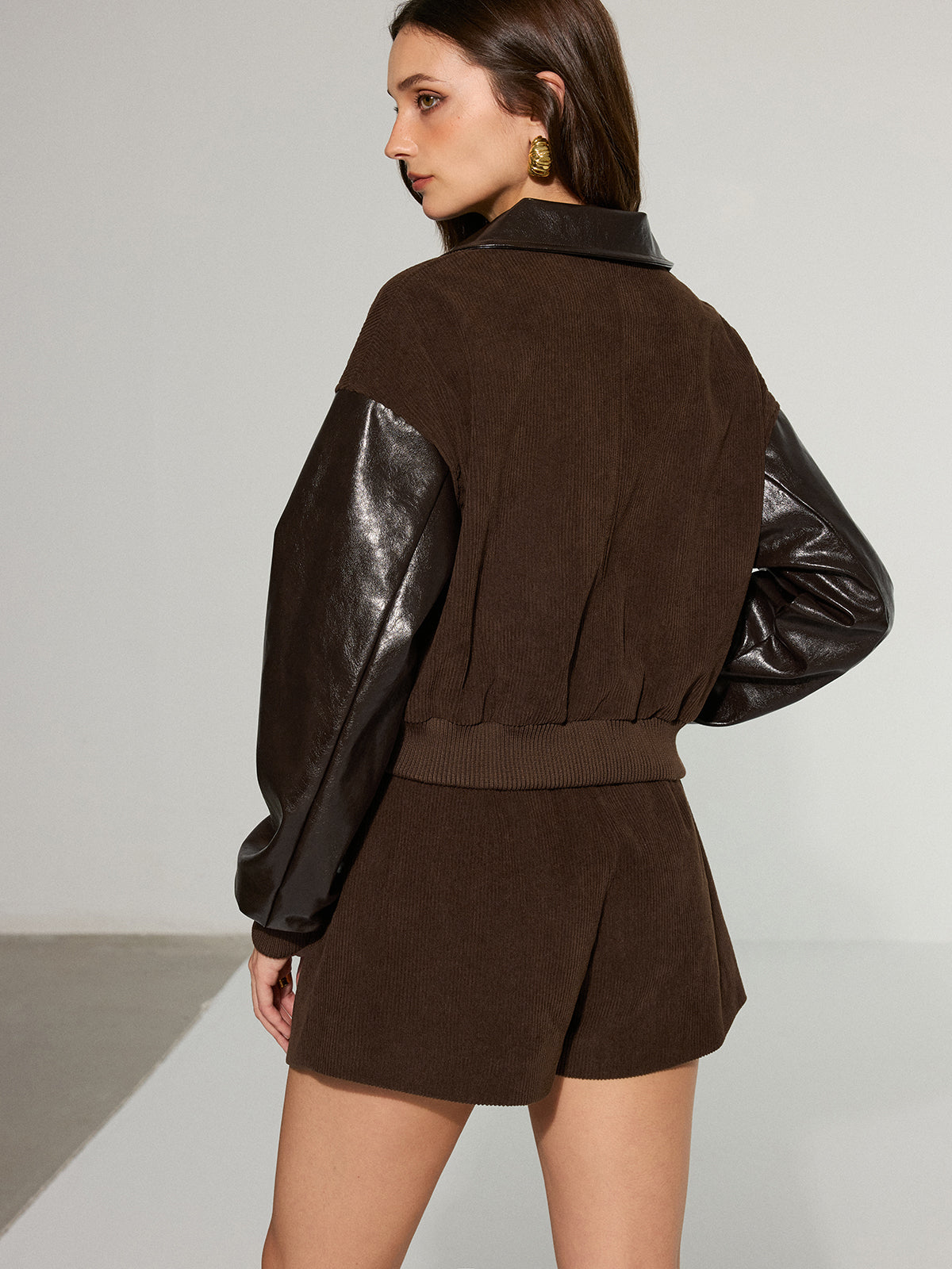 Lyra | Faux Leather Panel Corduroy Zip-Up Jacket