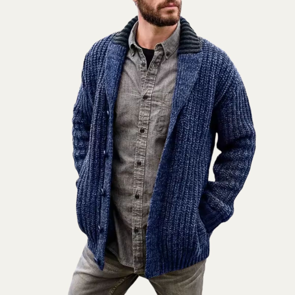 Men’s Chunky Ribbed Cardigan with Striped Shawl Collar