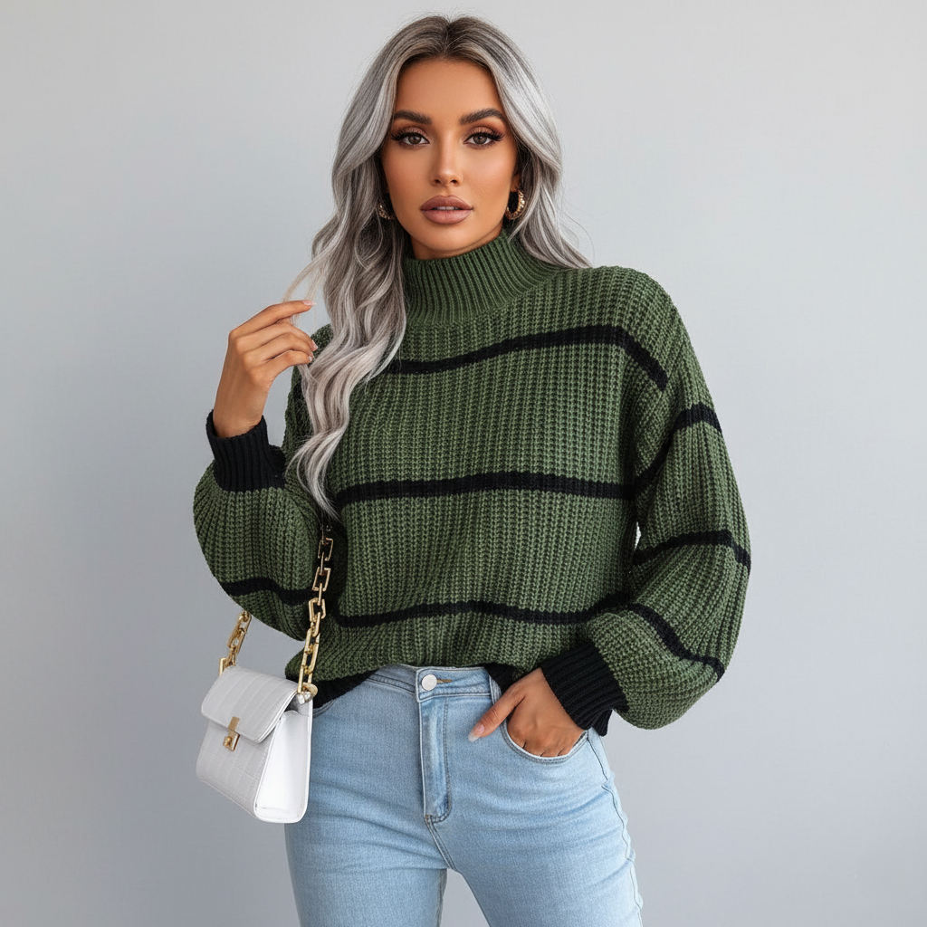 Women’s Knit Sweater – Relaxed Fit – Chunky Texture – Crew Neck – Striped Long Sleeve