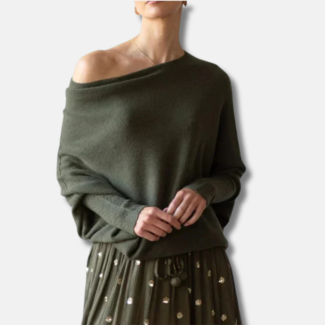 Women’s Knitted Top – Oversized Relaxed Fit – Boat Neck – Ribbed Cuff Long Sleeve