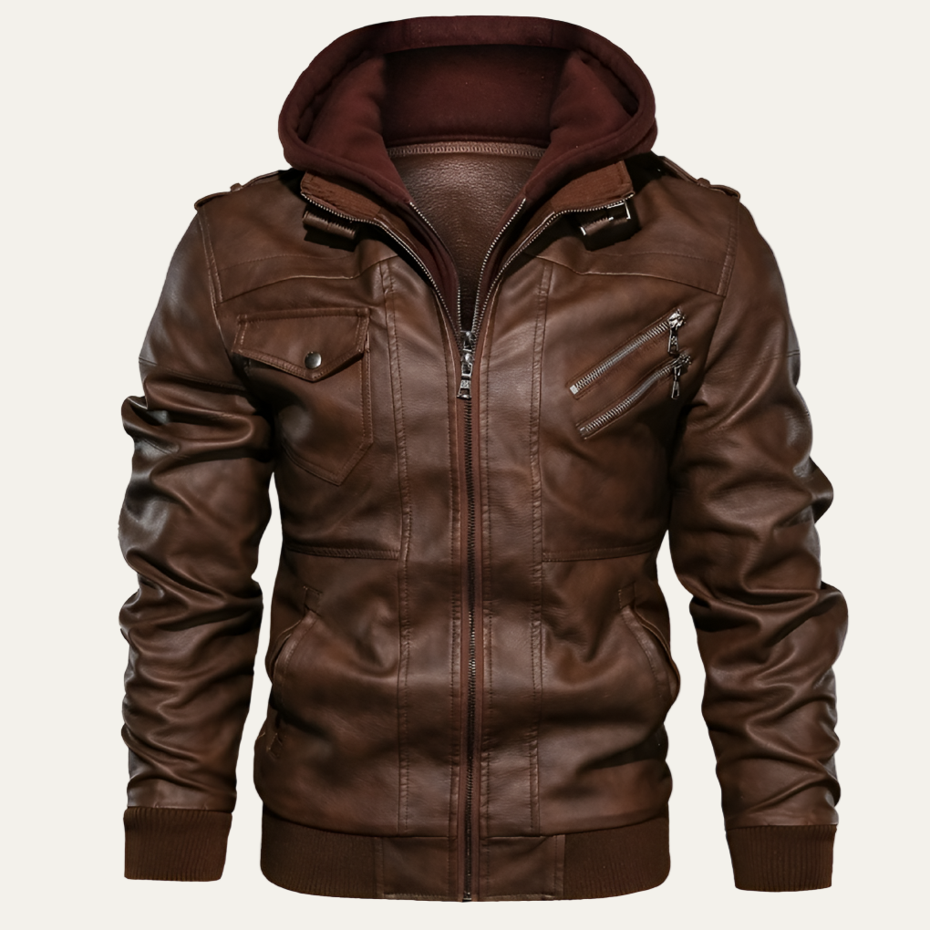Men’s Sleek Fitted Leather Jacket with Detachable Hood