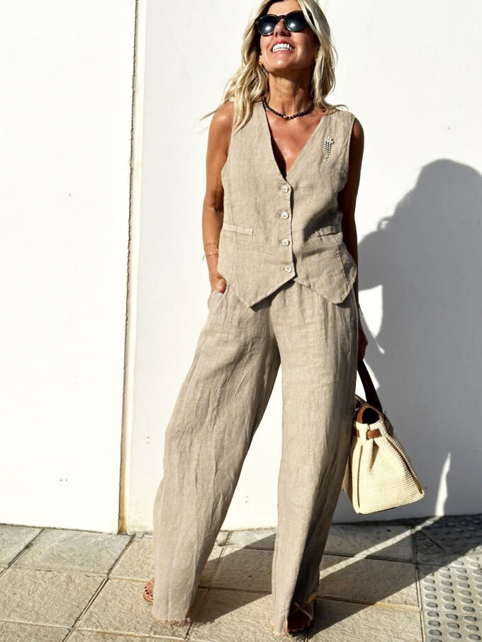 Classic Brown Linen Pantsuit for Women - BritishElegance
