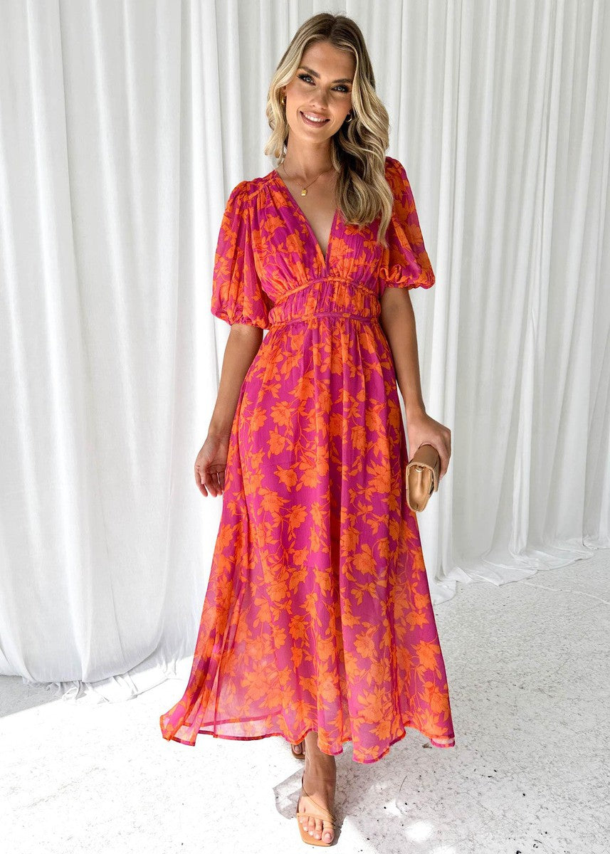 Fiorina – Elegant V-Neck Puff Sleeve Midi Dress