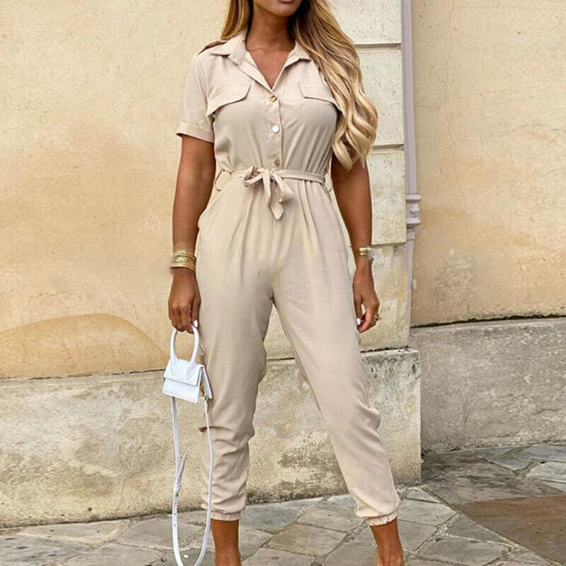 Slim Fit Short Sleeve Jumpsuit With Button Front