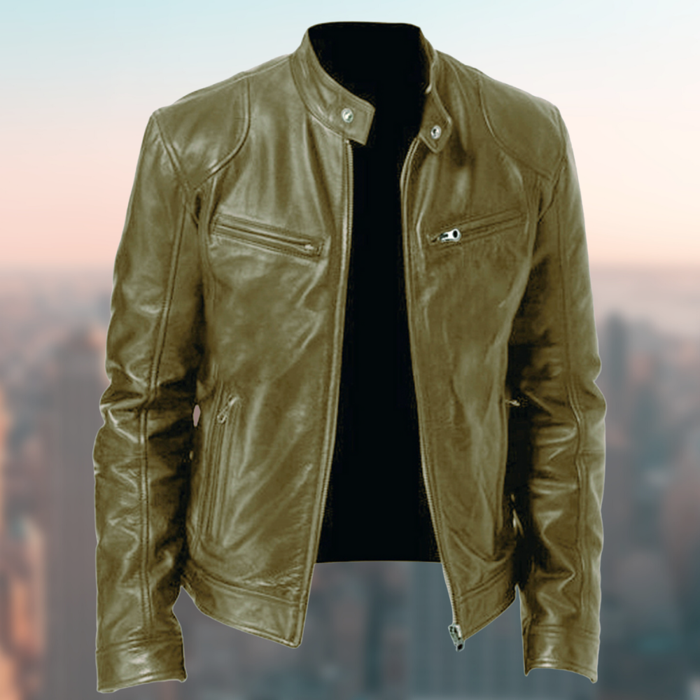Men's Classic Biker Leather Jacket with Zip