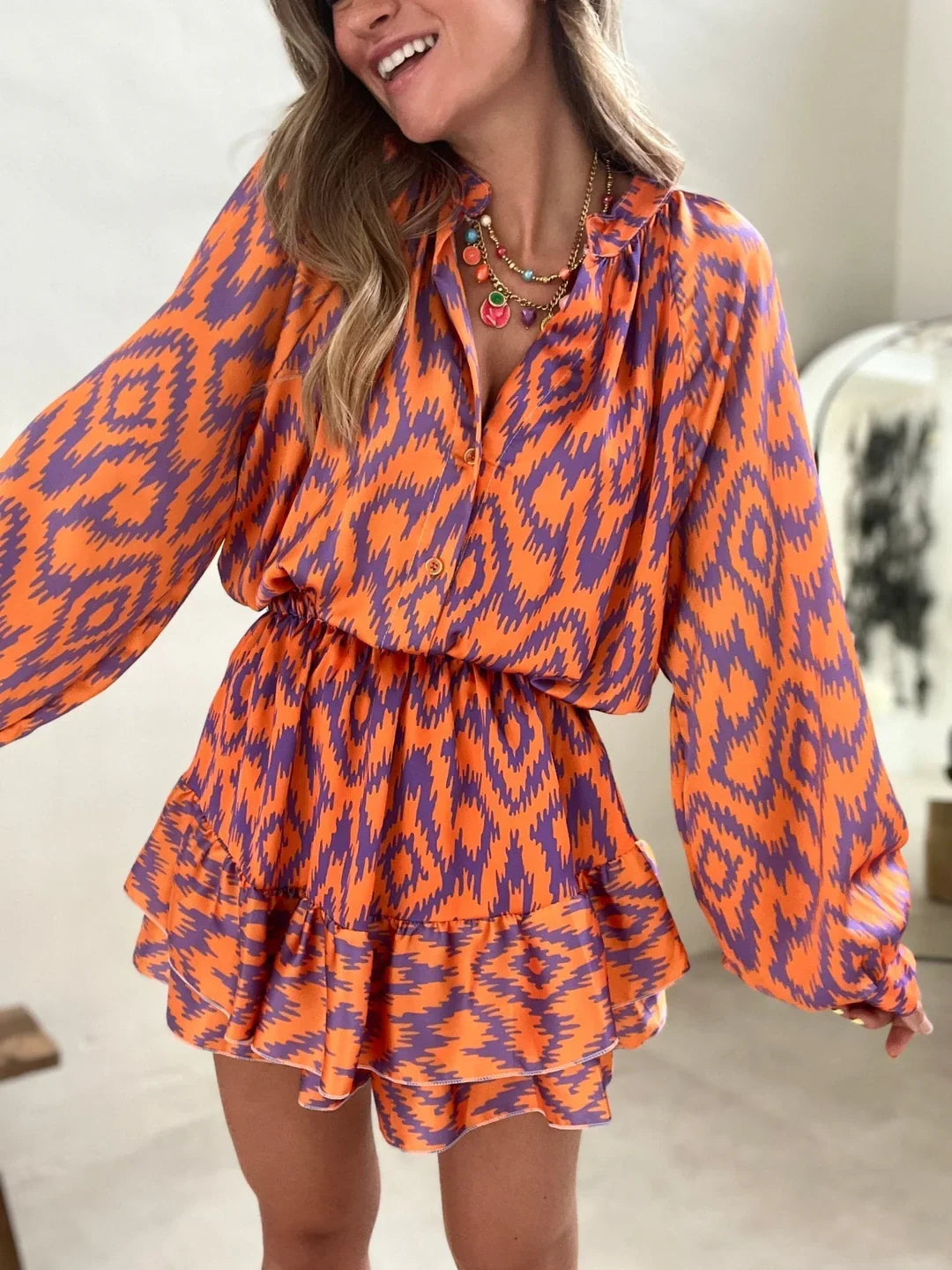 Kristina Dress | Women's Orange Aztec Romper Dress