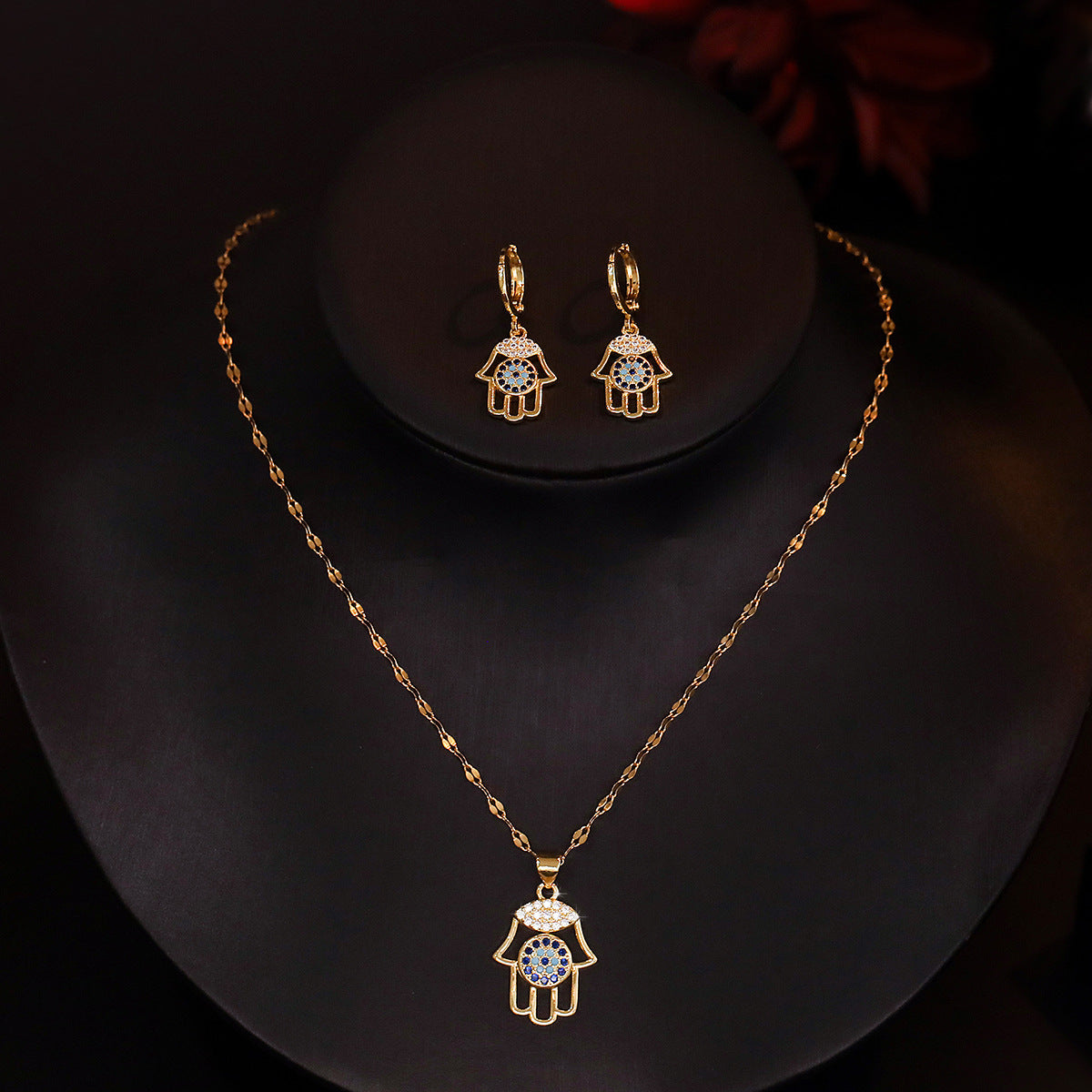Isla Short Drop Dangle Earrings And Necklace Set | Evil Eye Motif Hamsa Hand Set