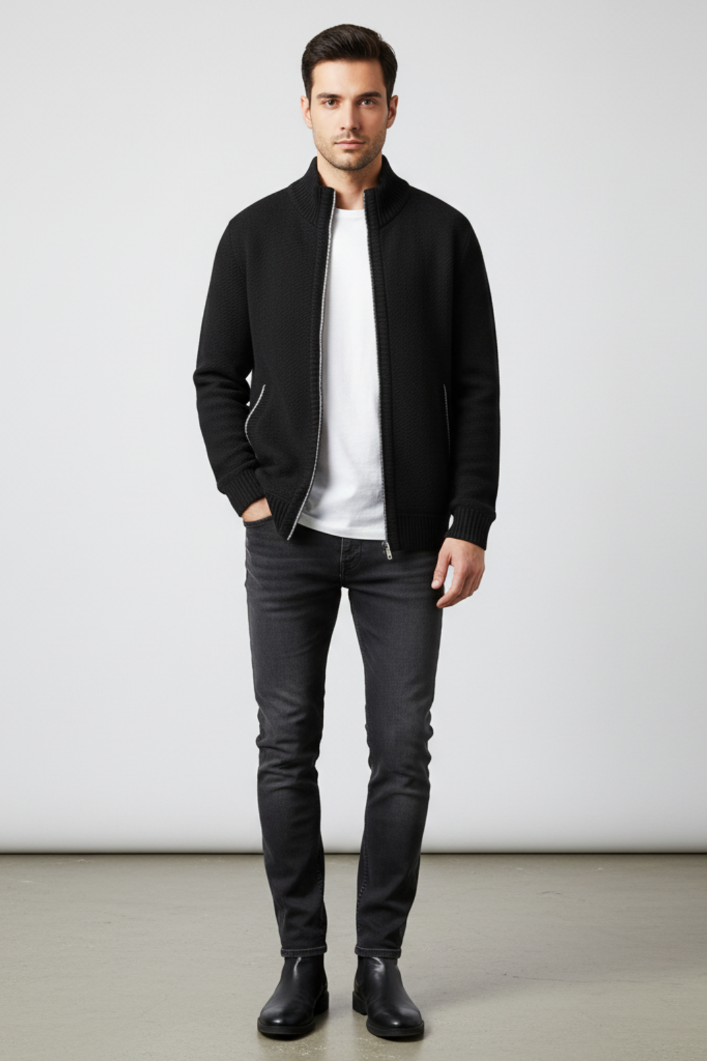 Men's Full Zip Knit Sweater With Ribbed Cuffs And Hem