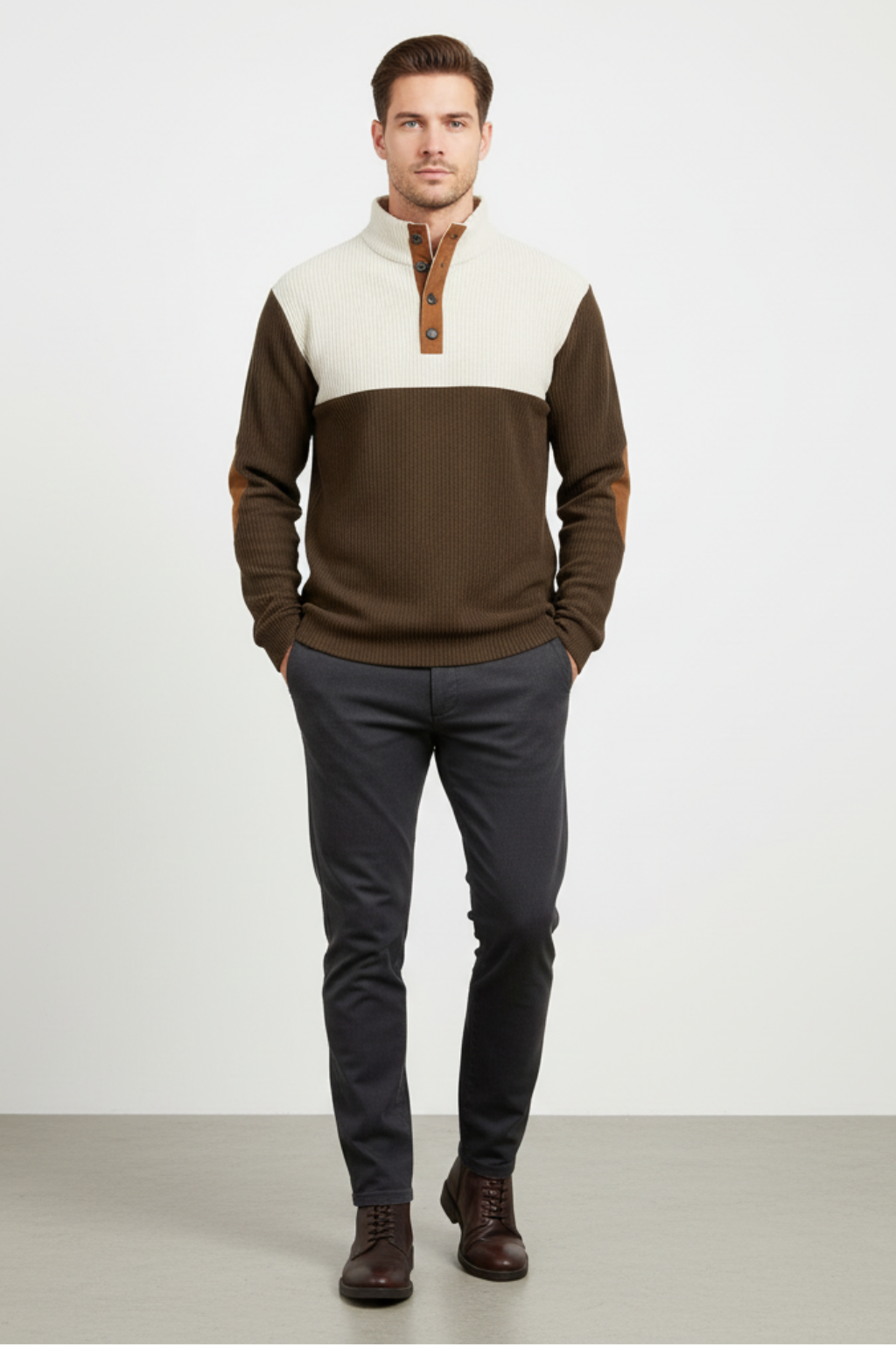Men’s Ribbed Quarter-Button Pullover Sweater with Elbow Patches