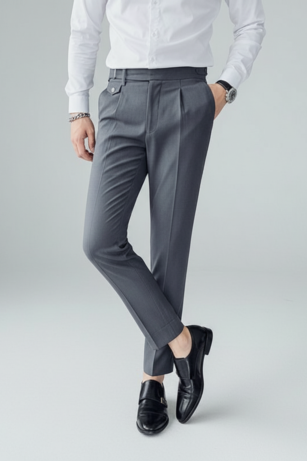 Men’s British Business Trousers – Tailored Pleated Fit with Waist Detail