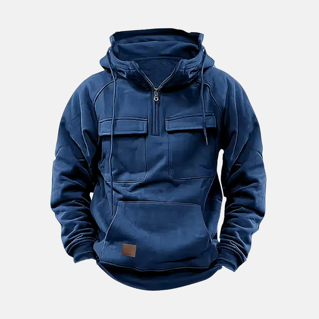 Men’s Hooded Jacket – Relaxed Fit – Leather Look – Half Zip – Multiple Pockets – Casual Style