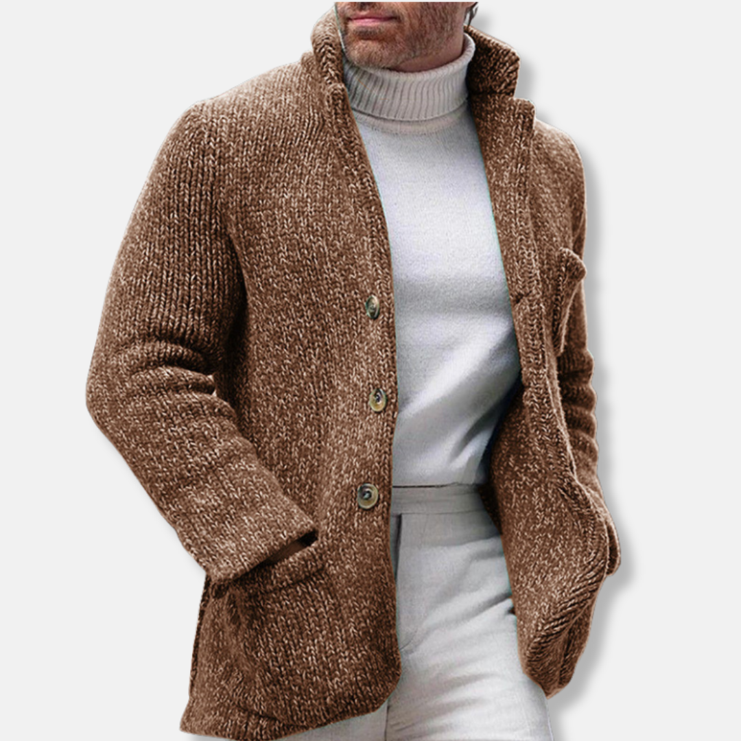 Men’s Knit Jacket – Regular Fit – Stand Collar – Button Front – Patch Pockets