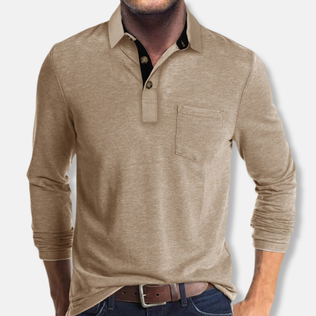 Men’s Long-Sleeve Polo Shirt – Regular Fit – Cotton Blend – Rib Cuffs – Patch Pocket