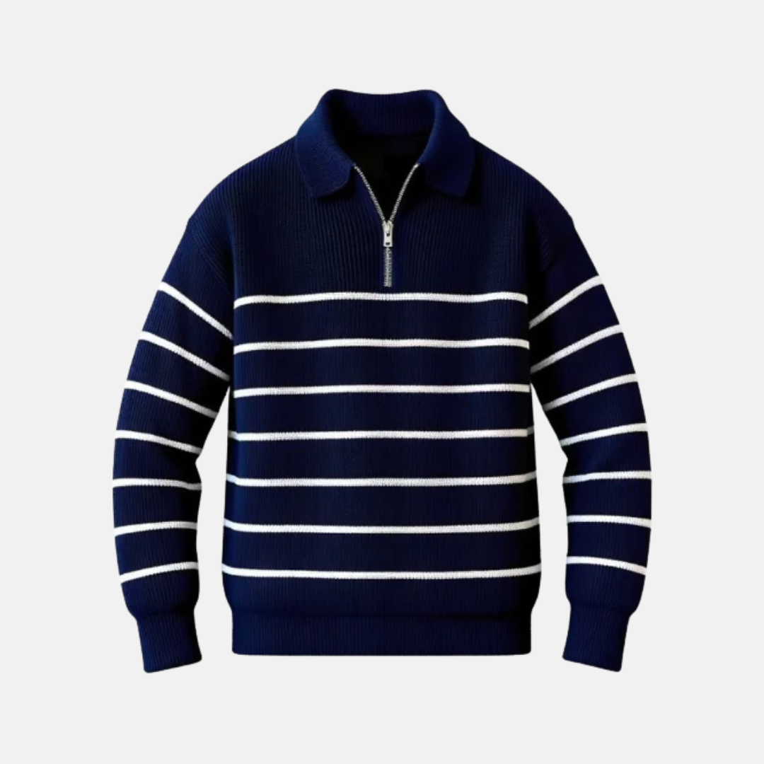 Men’s Sweater – Wool Knit – Regular Fit – Half-Zip – Ribbed Trim – Nautical Stripe