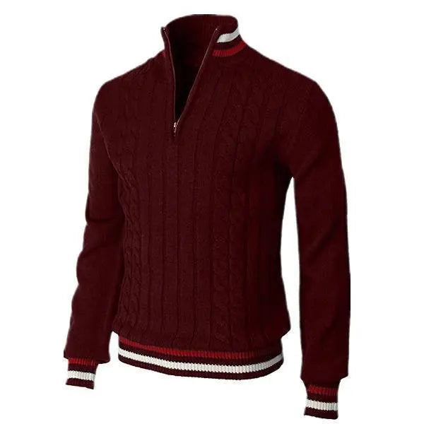 Men’s Turtleneck Sweater – Wool Knit – Slim Fit – Zip Neck – Cable Knit Pattern