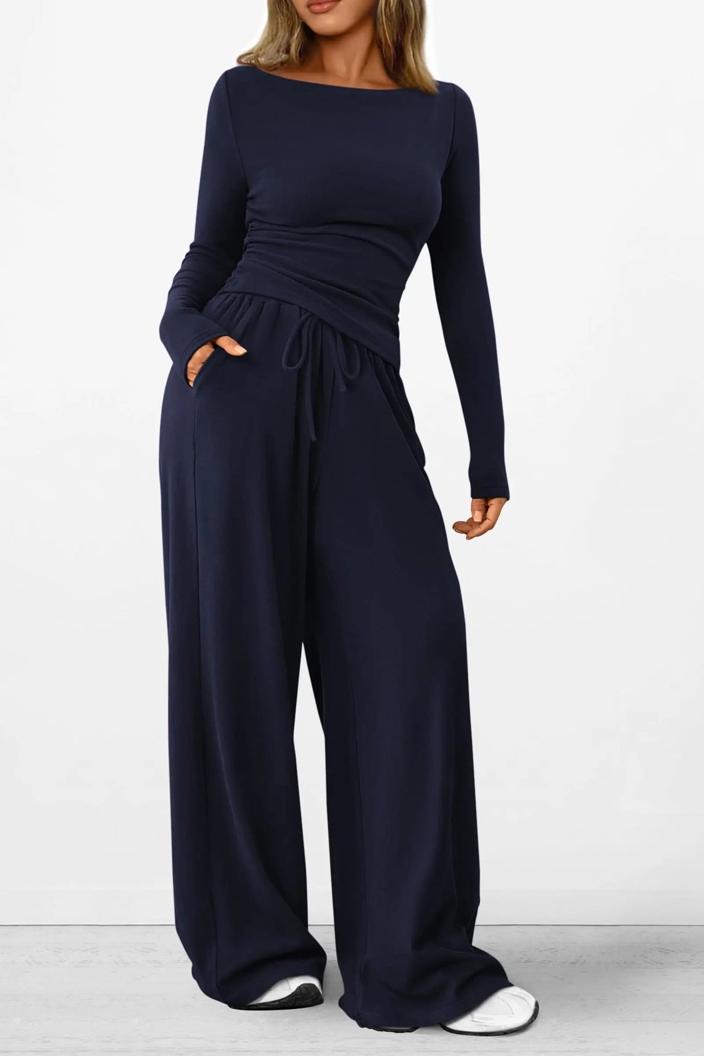 Long Sleeve T-Shirt Wide Leg Pants Casual 2 Piece Sets