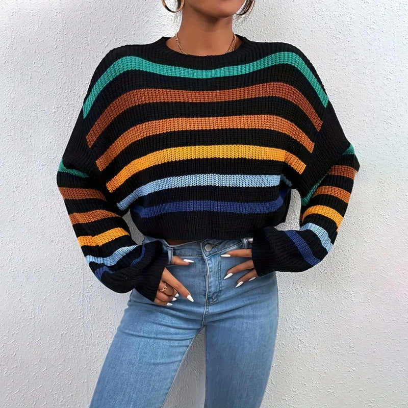 Warm Striped Crew Neck Women's Sweater - BritishElegance