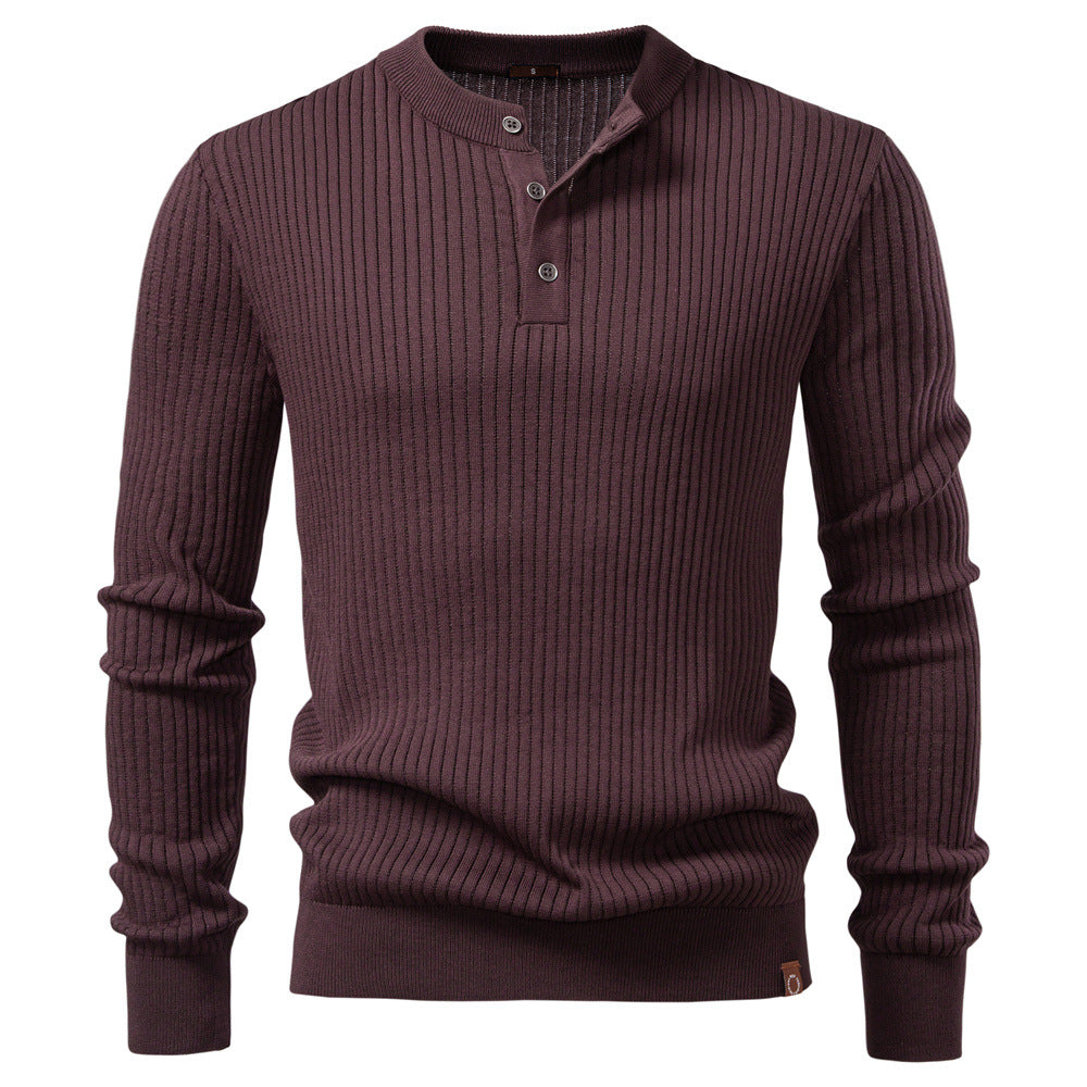 Men’s Ribbed Knit Henley Stand Neck Sweater