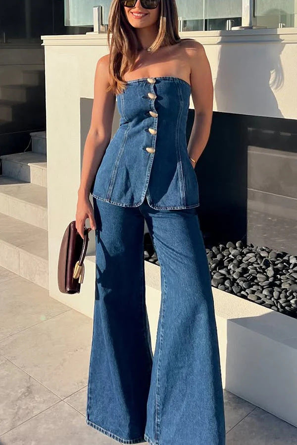 Casual Blue Jeans Outfit: Women's Off-Shoulder Top Set