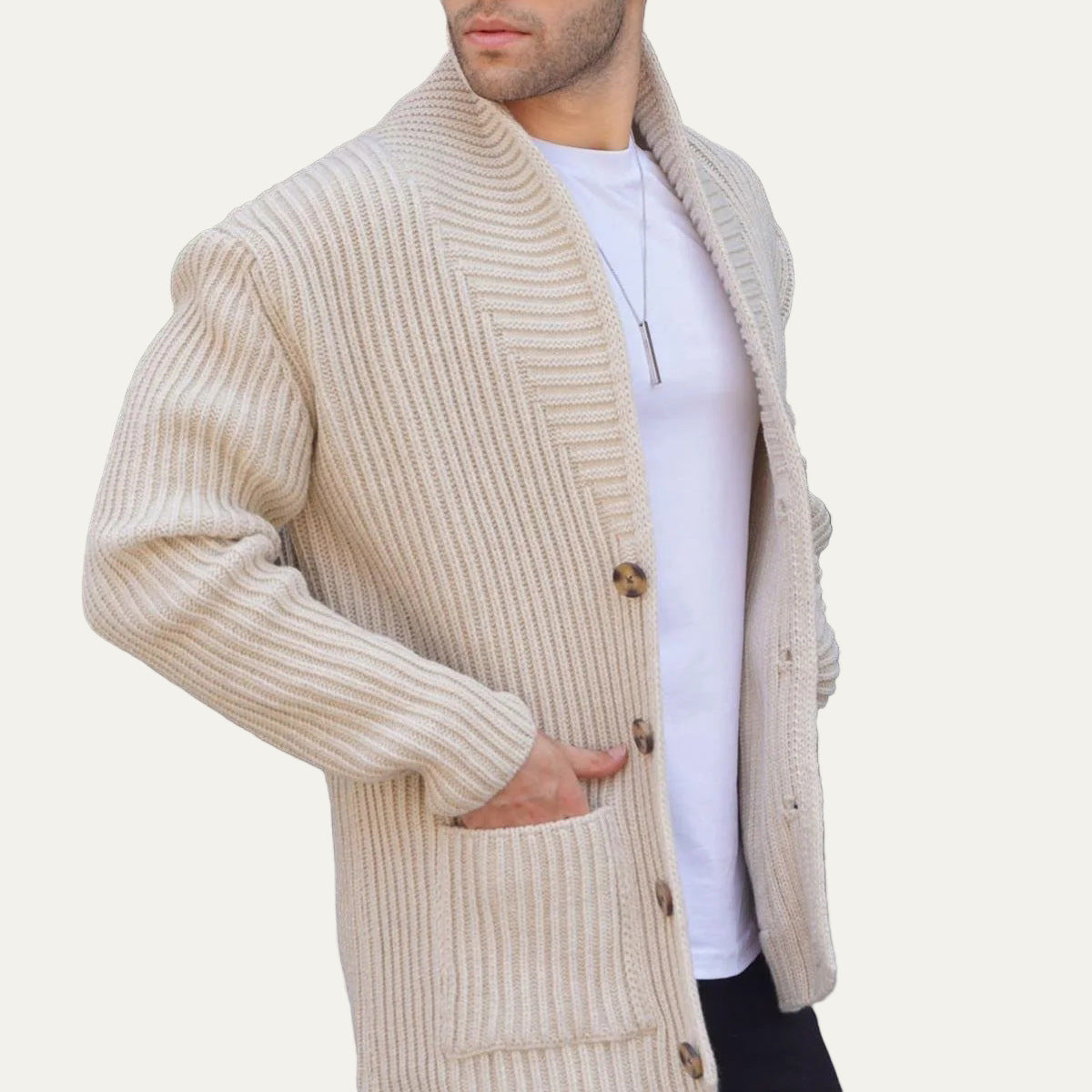 Men’s Chunky Ribbed Deep Neckline Cardigan