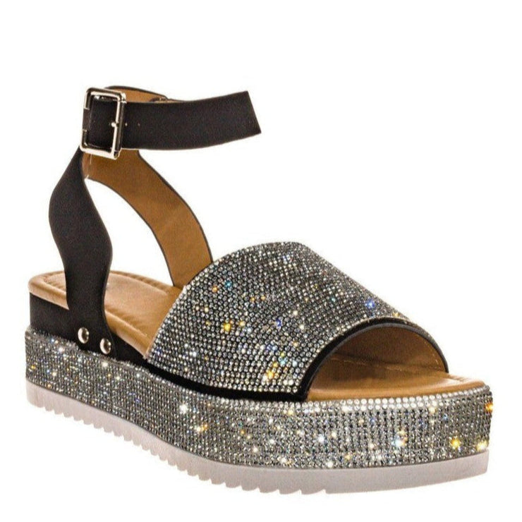 Glittery High Heel Platform Sandals - Thick Buckle Strap