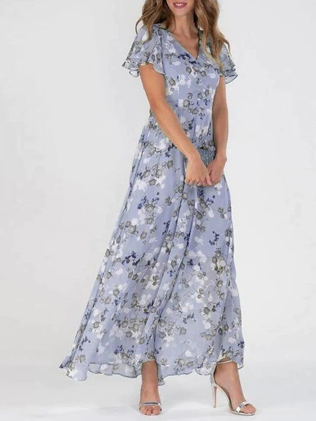 Beautiful Flower V-Neck Long Dress