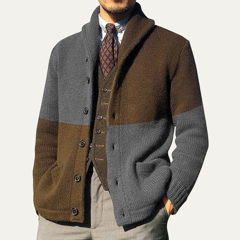 Men’s Fashionable Color Block Shawl Collar Cardigan