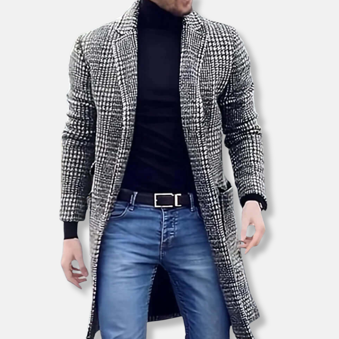 Men’s Trench Coat – Slim Fit – Wool Blend – Long Length – Checkered – Notch Lapel
