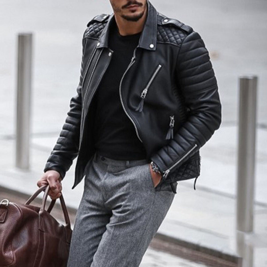 Cevori Quilted Shoulders Leather Biker Jacket