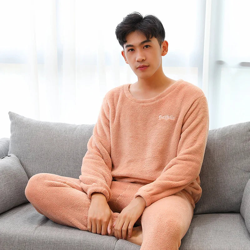 Plush Red Soft 2-Piece Pajama Set for Men
