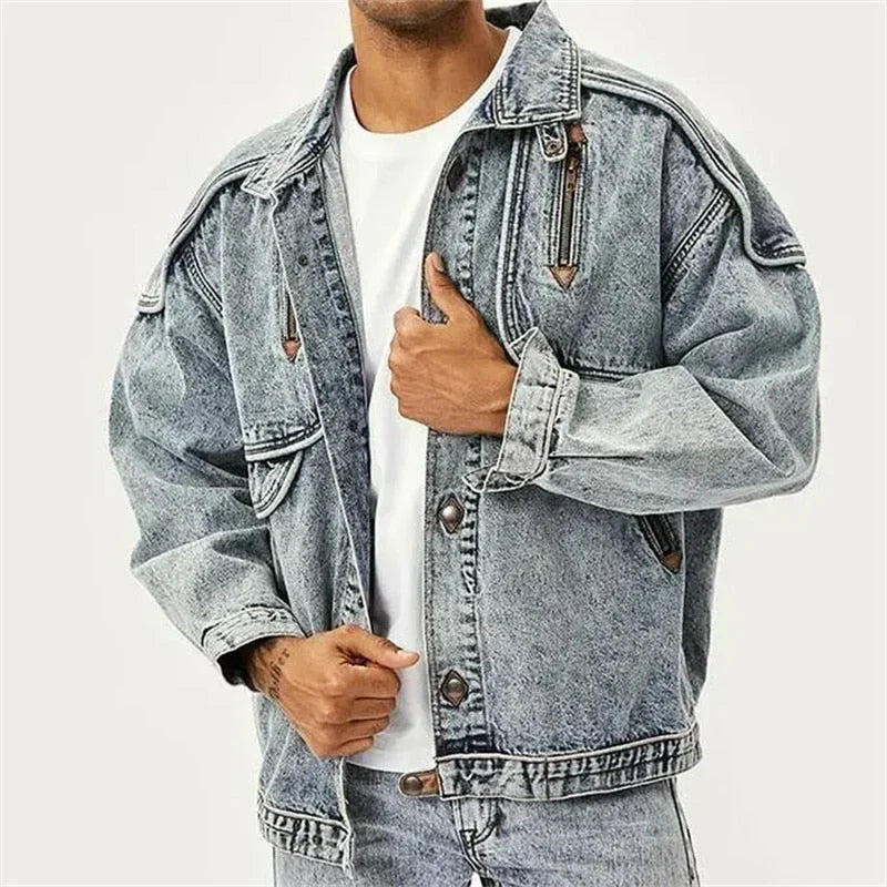 Slim-fit denim moto jacket in Roman style