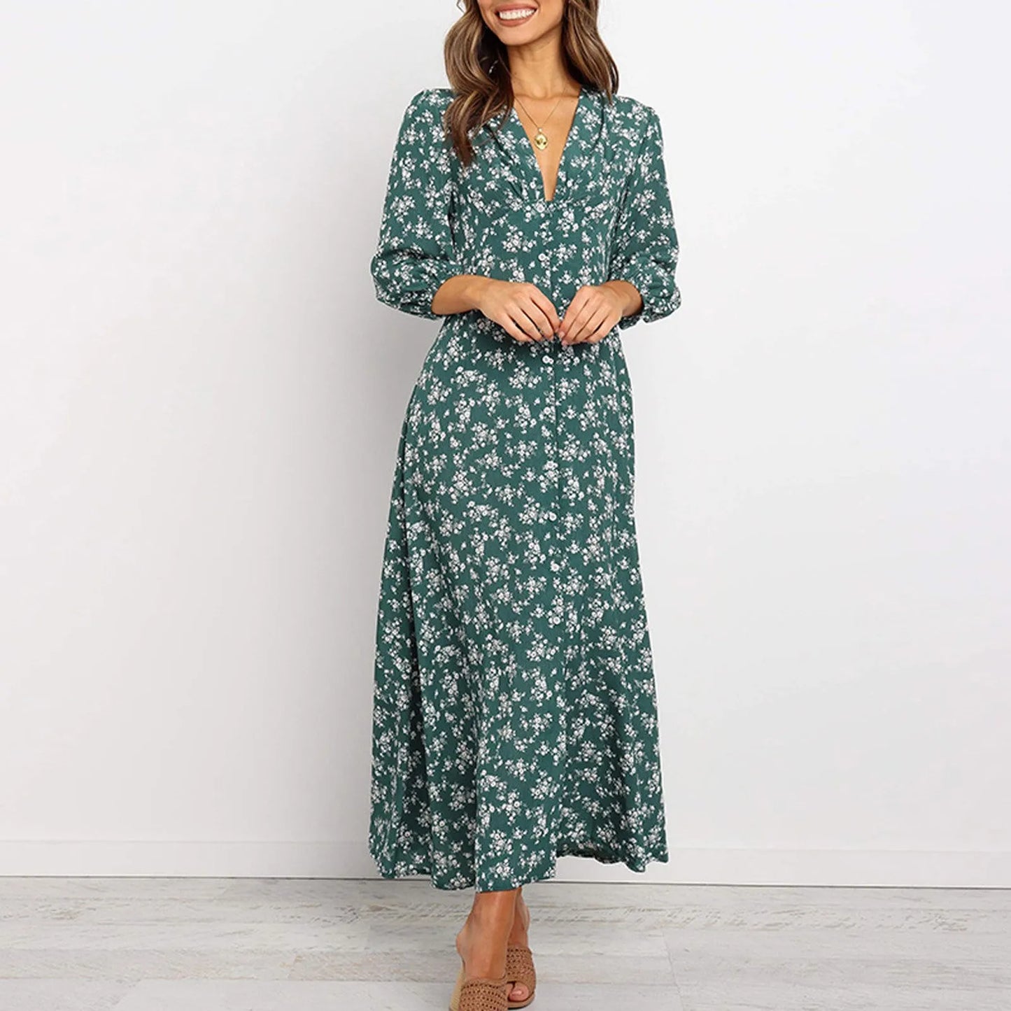 Beautiful Flower V-neck Long Dress for Ladies