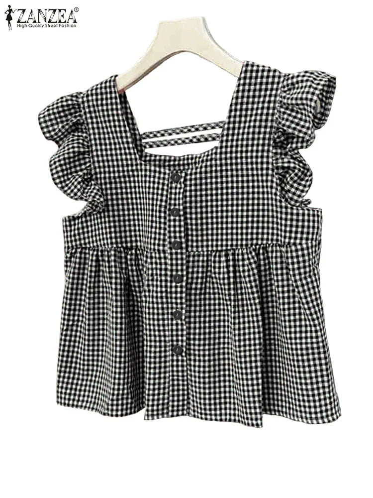 Chic Checked Off Shoulder Summer Top
