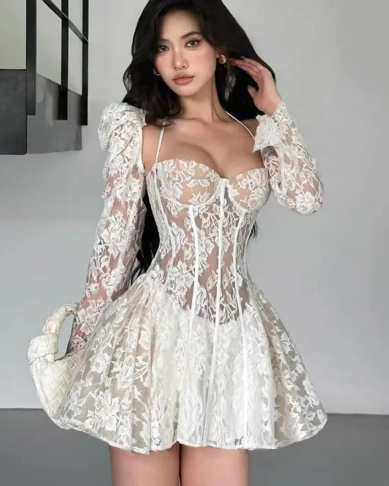 Retro Lace Open Back Short Party Dress Women - BritishElegance