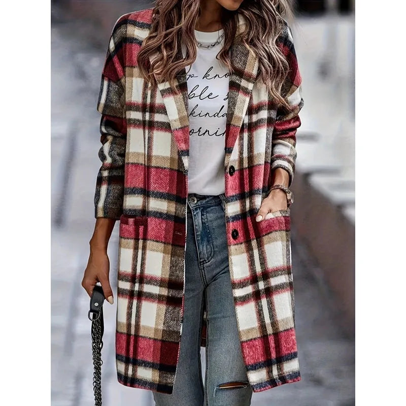 Classic Checked Wool Pea Coat for Ladies