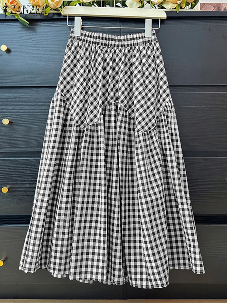 Checked Flared Long Plaid Skirt