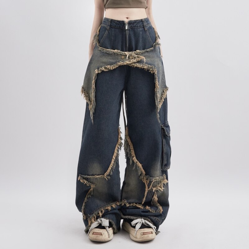 Women's Comfortable Distressed Denim Jeans with Star Print - BritishElegance
