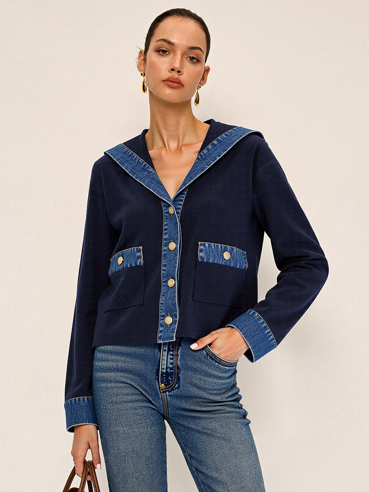 Racy | Sailor Collar Denim Trim Knit Outerwear