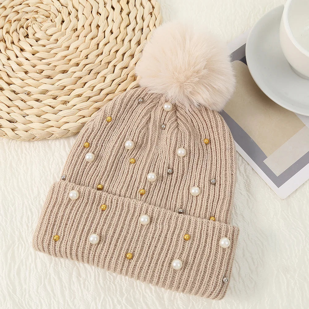 Sparkly Beaded Winter Pom Pom Hat