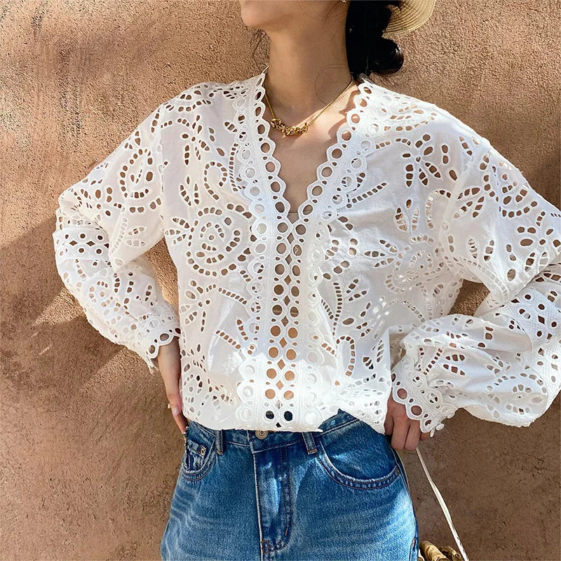 Beautiful Lace Trim Women's Long Sleeve Blouse - BritishElegance