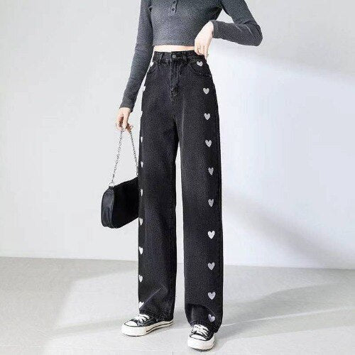 Comfortable Heart Print High Waist Jeans for Women