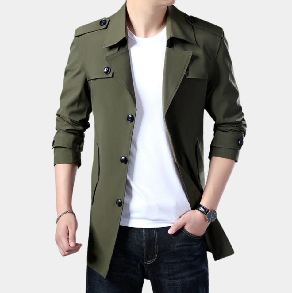 A sophisticated, classic trench coat designed for the modern gentleman: Gregorio