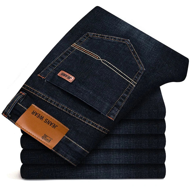 Comfortable Fit Straight Leg Men's Jeans - Dark Blue Cotton Denim