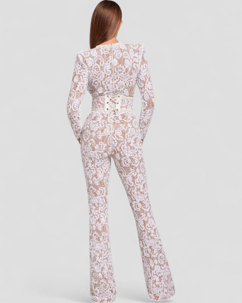 Sequin Lace Flare Jumpsuit with Waist Sculpt Detail