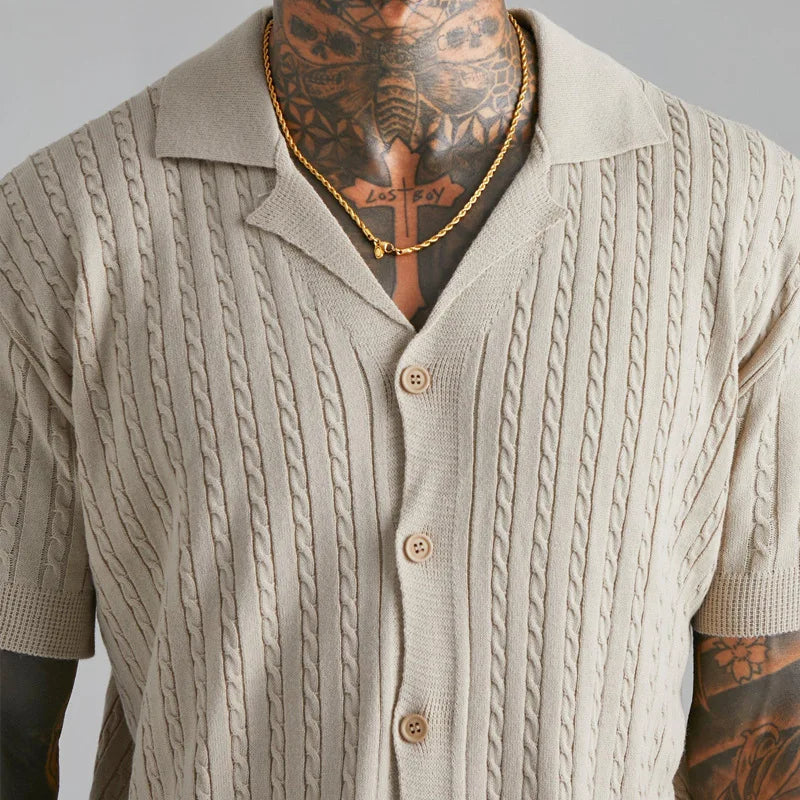 Short Sleeve Knit Shirt - Cable Texture And Breathable Fit