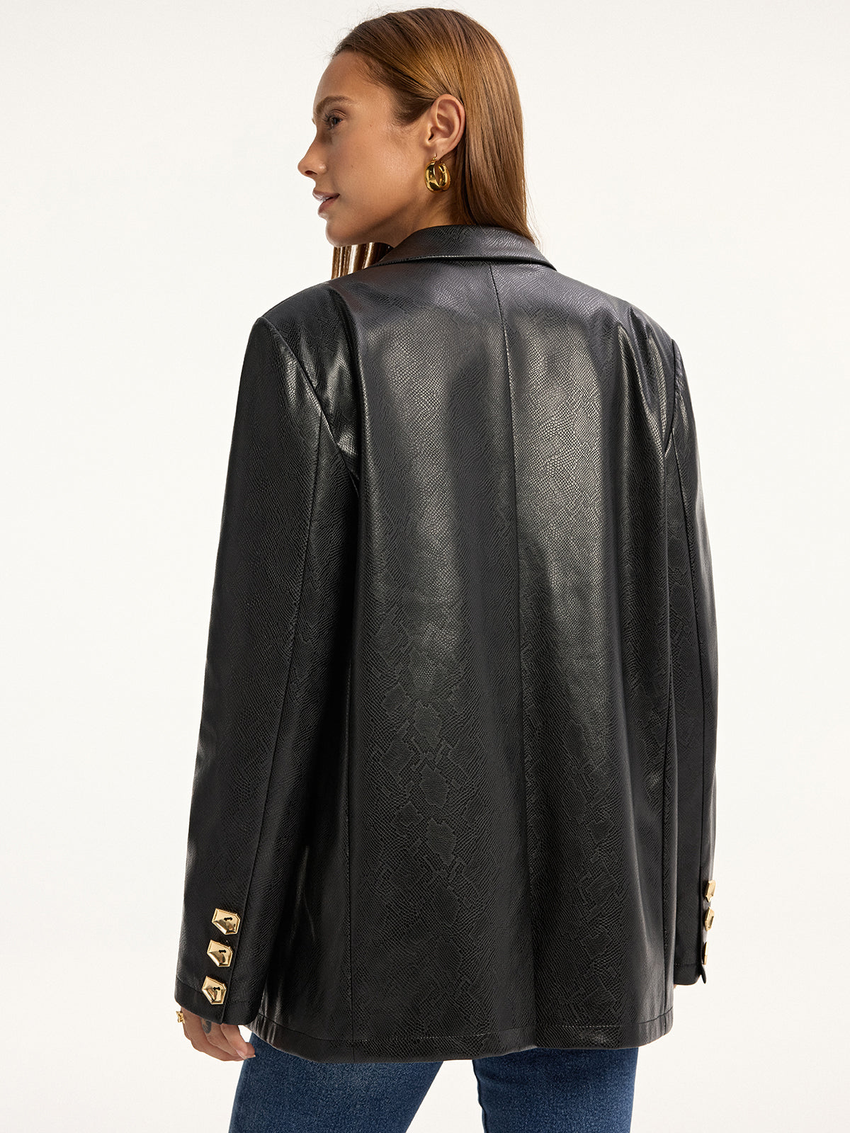 Maddison | Snake Print Metal Button PU Leather Blazer