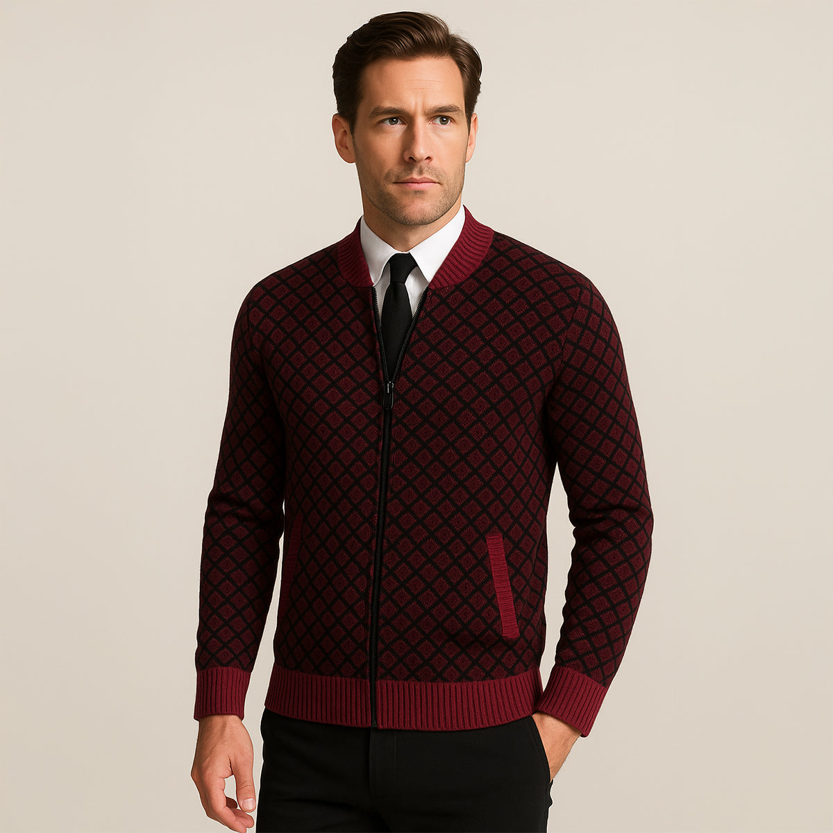 Men’s Geometric Pattern Bomber Cardigan